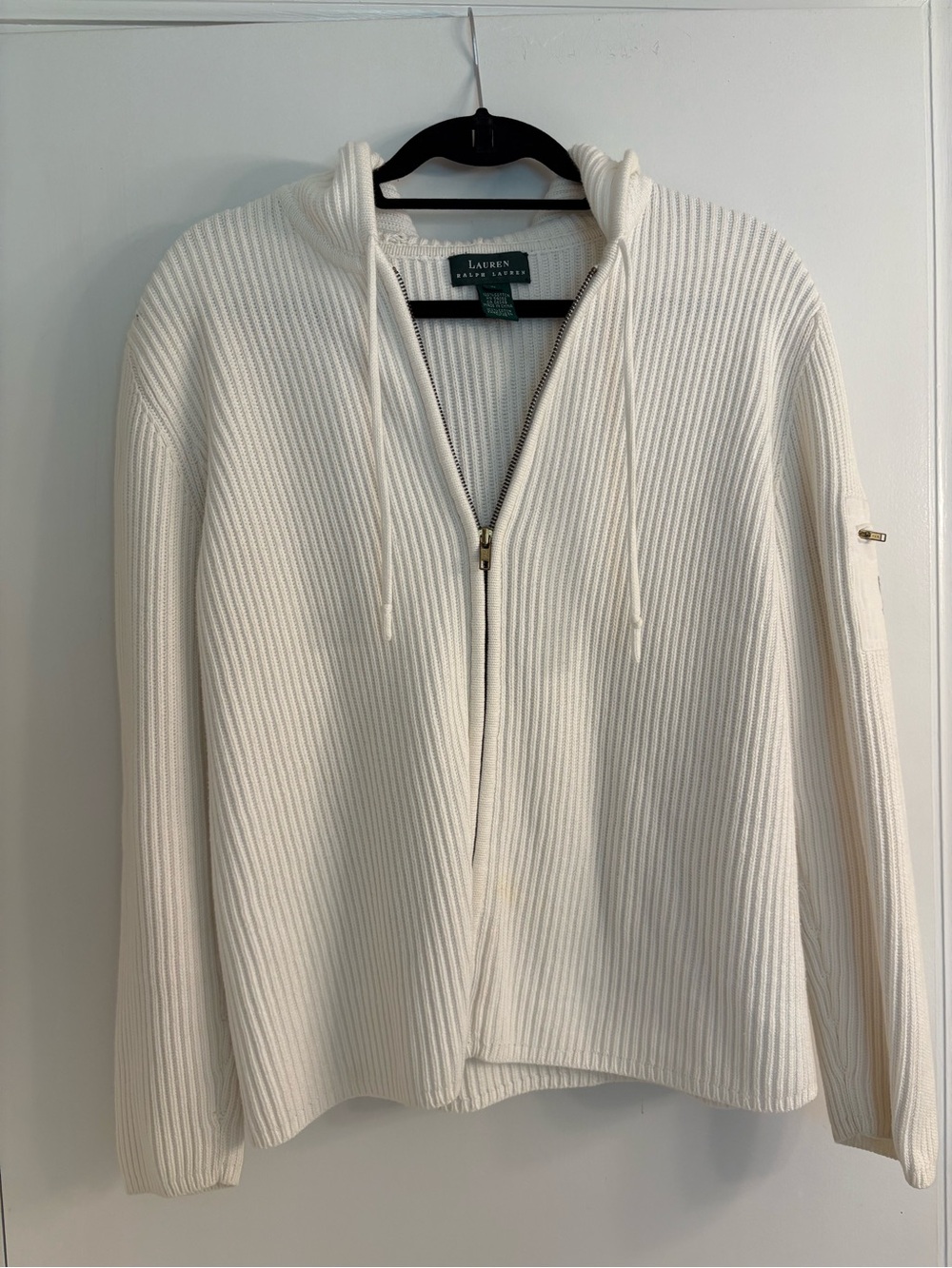 Lauren Ralph Lauren Cream Ribbed Zip Hoodie Sweater size L